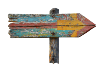 Rustic wooden signpost with painted yellow arrow, cut out - stock png.
