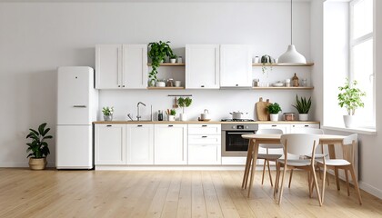 Modern Minimalist Kitchen Design: White Cabinets, Wooden Floors, and Natural Light