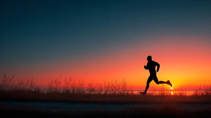 Silhouette of a Man Running at Sunset in a Field, Healthy Lifestyle Concept with Copy Space