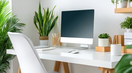 Modern home office setup featuring a sleek computer, stylish plants, and organized workspace