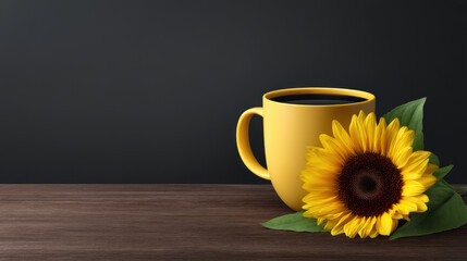 A vibrant yellow mug filled with coffee rests next to a bright sunflower with green leaves on a dark wooden table against a dark background providing contrast.