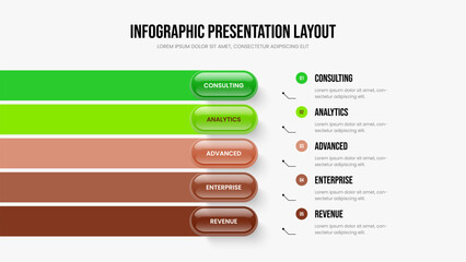 Creative Development Five Step Infographic Frame Layout. Enterprise Analysis Slide Template Vector Illustration. Market Review 5 Option Diagram Presentation Design.