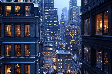 Obraz premium Stunning cityscape at twilight, snow falling on illuminated windows of elegant buildings.