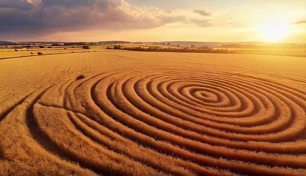 Sunset over a field with a large concentric circle pattern created in the crop