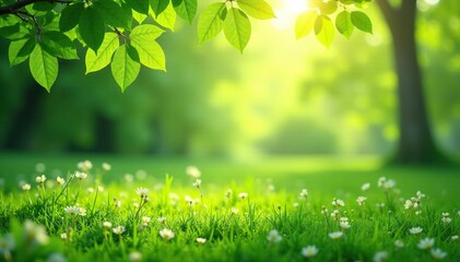 Vibrant green spring background with lush foliage and soft sunlight , meadow, green leaves, field
