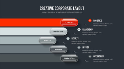 Consulting Profile Frame Template Vector Illustration. Business Review Five Element Diagram Slide Layout. Corporate Portfolio 5 Step Infographic Slideshow Design.