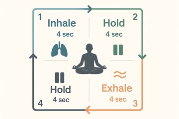 Diagram of box breathing with inhale, hold, exhale steps and meditation icon.