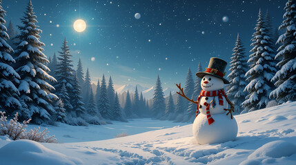 Christmas Snowman in Winter Snowy Landscape