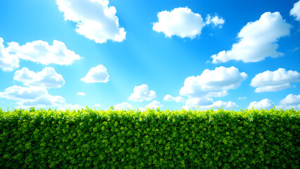 Fototapeta premium Sky and Greenery Harmony: Capturing the essence of summer with lush green vegetation dancing against a sky filled with fluffy, white clouds, evokes a feeling of calmness and pure joy.