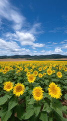 Obraz premium Vibrant sunflowers stretch towards a sunny sky dotted with white clouds over a golden field, creating a picturesque summer landscape with distant mountains.