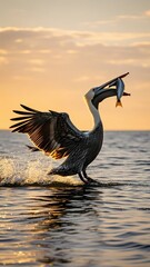 Pelicans catch fish with their beaks in the ocean/beach	