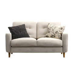 Elegant beige sofa with decorative pillows modern home interior design on transparent background