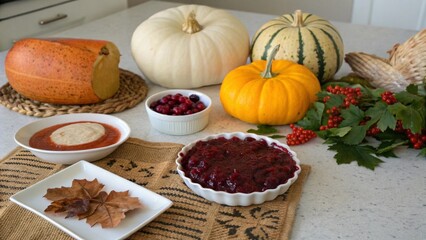 Flat lay of Thanksgiving scene with pie pumpkins and fall leaves on rustic background