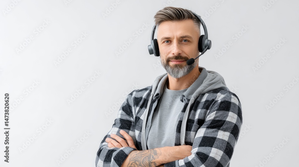 Poster young friendly caucasian man it support customer support agent hotline helpline worker in headset lo
