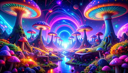 Surreal mushroom landscape with glowing fungi and a cosmic portal invites viewers to a psychedelic journey