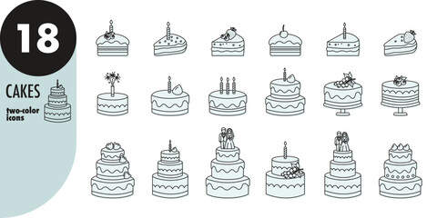 Cakes - thin line icons set with light blue fill. Birthday cake, cake slice, wedding cake, celebration, party, pastry, candles, multi-tiered cake, sweets, dessert, vector illustration