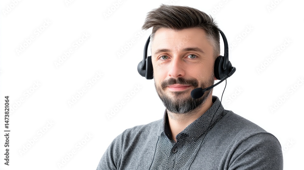 Poster young friendly caucasian man it support customer support agent hotline helpline worker in headset lo