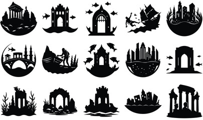City Underwater Silhouette – Vector Illustration of Submerged Urban Landscape, Sunken Buildings, and Flooded Architecture for Fantasy, Disaster, and Sci-Fi Design Projects