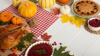 Harvest season flat lay showing pumpkins pie golden leaves and festive Thanksgiving mood
