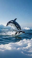 Obraz premium penguins chased by orca whales in the antarctic ocean