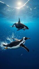 penguins chased by orca whales in the antarctic ocean