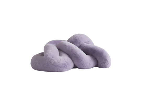 Luxurious lavender colored knitted knot pillow with furry texture isolated on black background