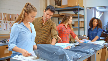 Obraz premium Team Using Digital Tablet Working In Distribution Warehouse Packing Clothes For Customer Delivery