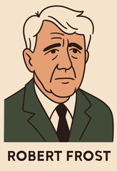 Robert Frost is a vector portrait of the famous American poet. Minimalistic vector illustration of Robert Frost in a formal suit, portrait for educational purposes, presentations and literary projects