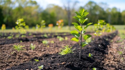 Obraz premium Planting new saplings to restore ecosystems and enhance biodiversity in a green landscape