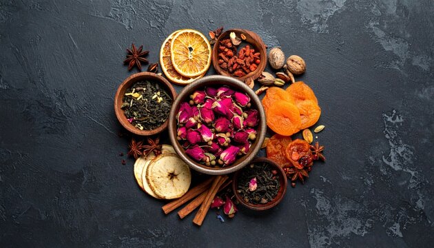 Herbal tea preparation kitchen food photography dark background overhead view natural ingredients