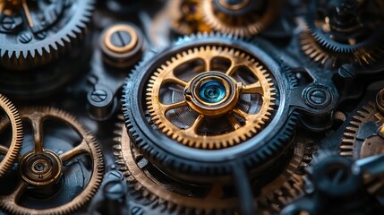 The intricate mechanisms of an antique clockwork device, with gears, springs, and levers all precisely interlocked and gleaming softly