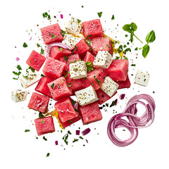 Fresh watermelon feta salad with red onion and herbs on a transparent background Concept of healthy eating, summer food, and mediterranean cuisine