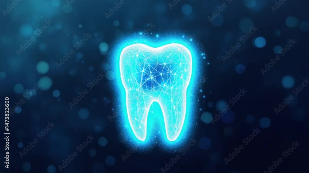 Poster blue glowing polygonal tooth wireframe visualization animation video. rotating tooth with bokeh dent