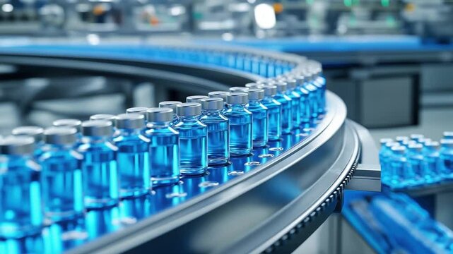Endless conveyor line of blue liquid vaccine vials animation video. Medicine movement animated footage clip seamless HD motion graphics. Pharmaceutical production facility concept