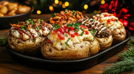 Baked potatoes topped with various ingredients create cozy holiday meal, perfect for sharing