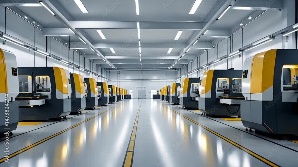 Poster modern factory floor with rows of advanced cnc machines under bright lights, showcasing clean indust