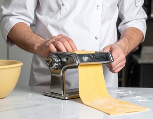 Action photo of a chef using a noodle machine to flatten dough, with fresh pasta sheets being turned into noodles, placed on a marble kitchen table