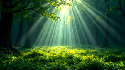 Sunbeams in the Forest: Mystical sunbeams pierce through the dense canopy of a forest, illuminating a carpet of lush green undergrowth.  The scene evokes a sense of tranquility and wonder.