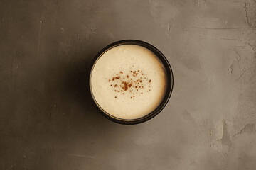 Flat lay view of creamy rice pudding in bowl, overhead shot with soft lighting and minimal props