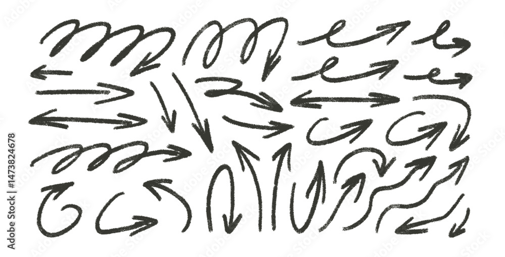 Poster grunge arrows charcoal drawn. straight and curved thin pointers doodle elements set. scribble freeha