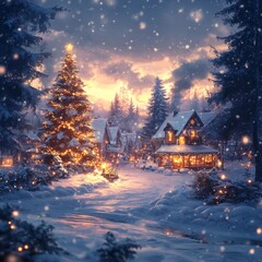 Magical winter village scene with Christmas tree