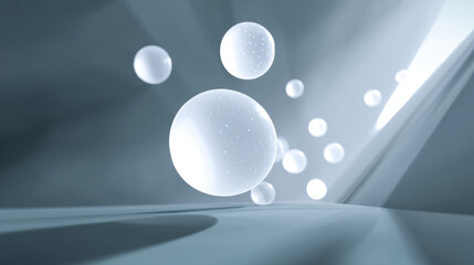 Ethereal energy orbs of pure white light gently pulsate in soft blue abstract space, creating serene and futuristic atmosphere with floating translucent spheres