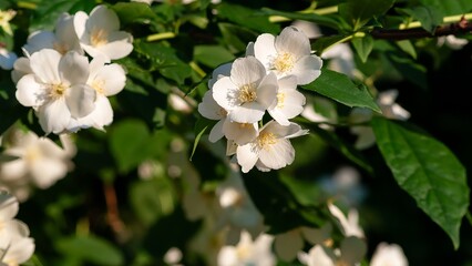 A beautiful cluster of white mock orange flowers blooms, showcasing their delicate petals and vibrant yellow centers.