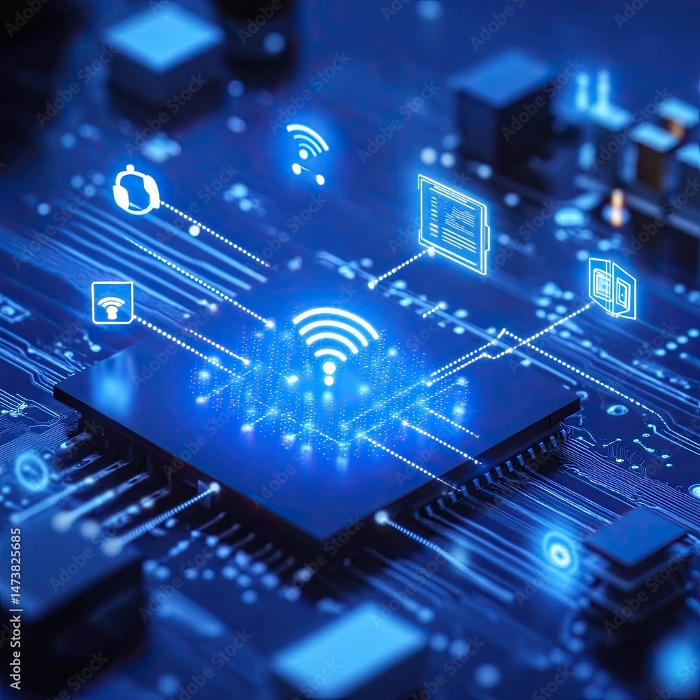 Poster digital circuit board with network icons. advanced technology connecting components