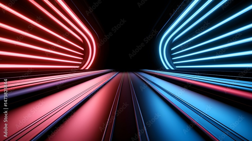 Poster the image shows a futuristic, abstract tunnel with glowing neon red and blue lines on either side, c