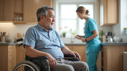 Mature man with cerebral palsy sitting on wheelchair looking at female healthcare worker working in kitchen