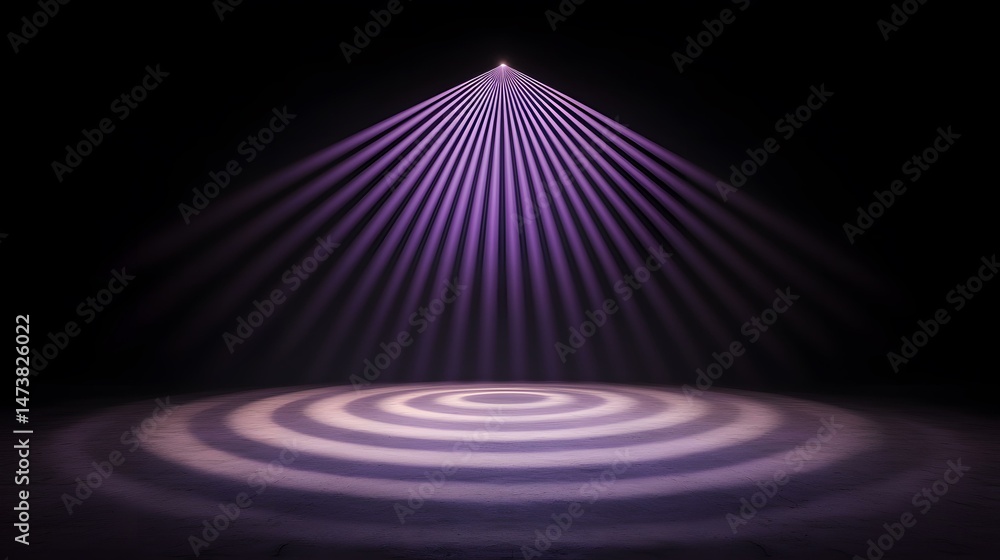 Poster a dark room is illuminated by a spotlight emitting multiple purple rays that converge at a central p