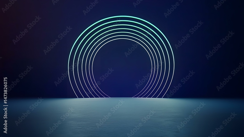 Aufkleber the image contains concentric neon circles in teal and white against a dark blue background, creatin
