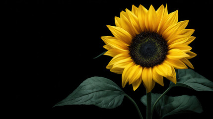 A vibrant yellow sunflower with dark green leaves is isolated against a stark black background, creating a striking contrast in color and lighting in the studio.