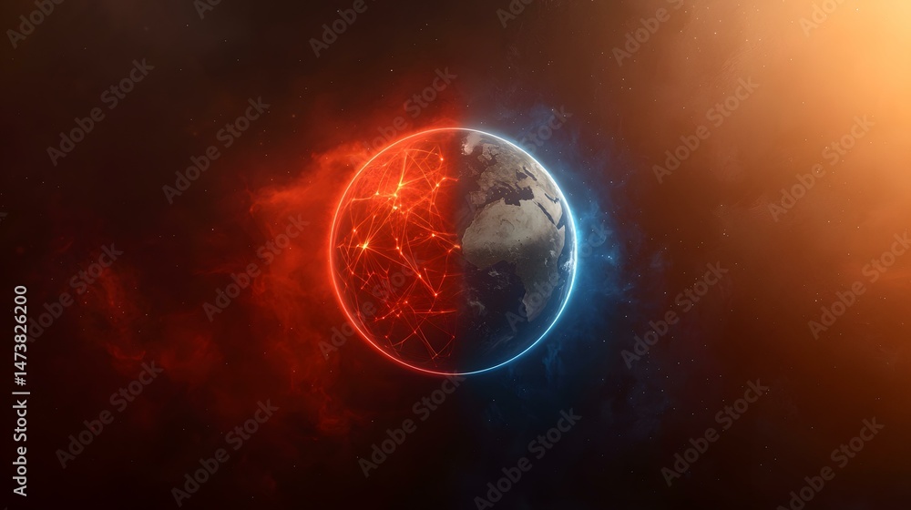 Aufkleber a digitally enhanced image of earth, split into two halves with contrasting colors and glowing netwo